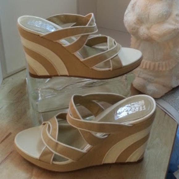 Salvatore Ferragamo Shoes - Ferragamo tan & white linen wedge sandals NWOT